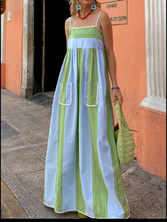 Dresses & Skirts - Womens Striped Long Dress Summer Sleeveless Spaghetti Strap Front Pocket Dress